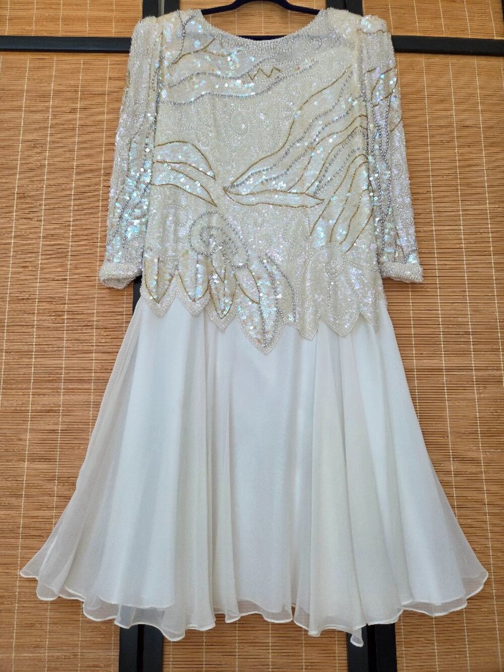Jovani Vintage L/12/14 Ivory Pure Silk Sequin Beading Big Shoulders Gown Dress